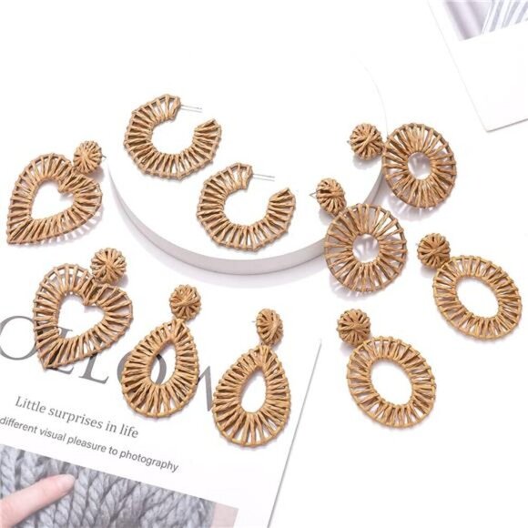 Boho Rattan Woven Earrings Set โ Natural Straw Statement Earrings (5 Pairs) - Picture 2 of 3